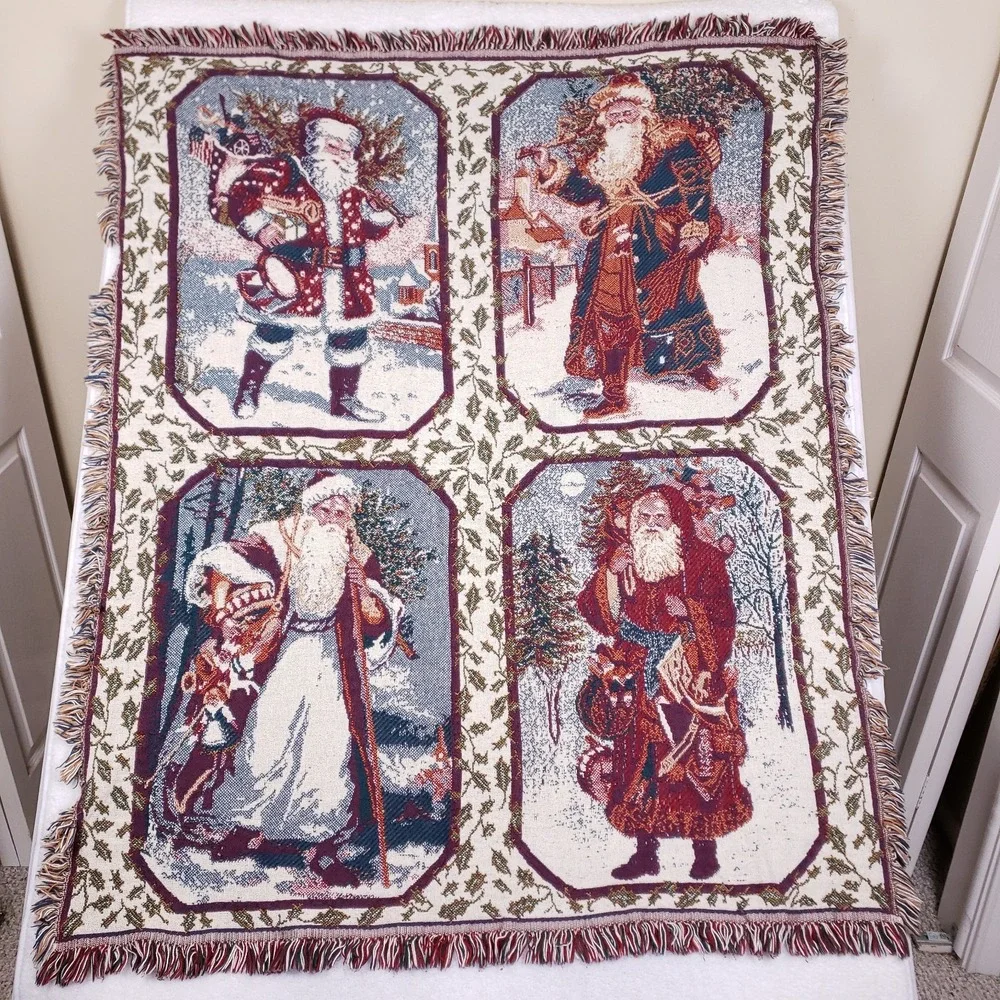 Christmas Santa Tapestry Throw Blanket Woven Fringe Holiday Victorian‎ 46x54